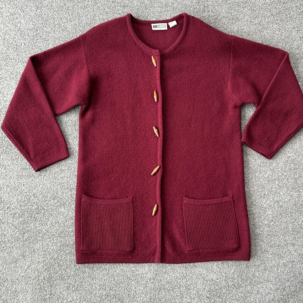 Russ Petite Sweater Womens Small Burgundy Wool Cardigan Wood Toggle Heritage VTG